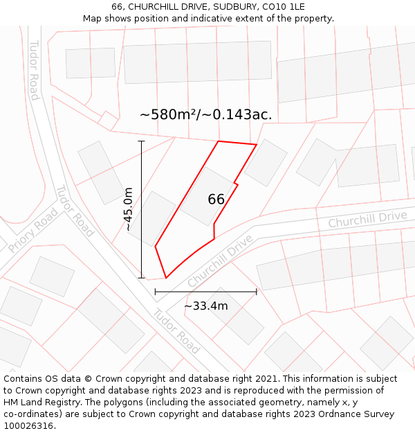 66, CHURCHILL DRIVE, SUDBURY, CO10 1LE: Plot and title map