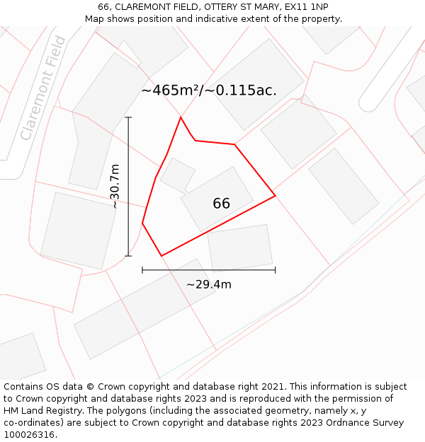 66, CLAREMONT FIELD, OTTERY ST MARY, EX11 1NP: Plot and title map