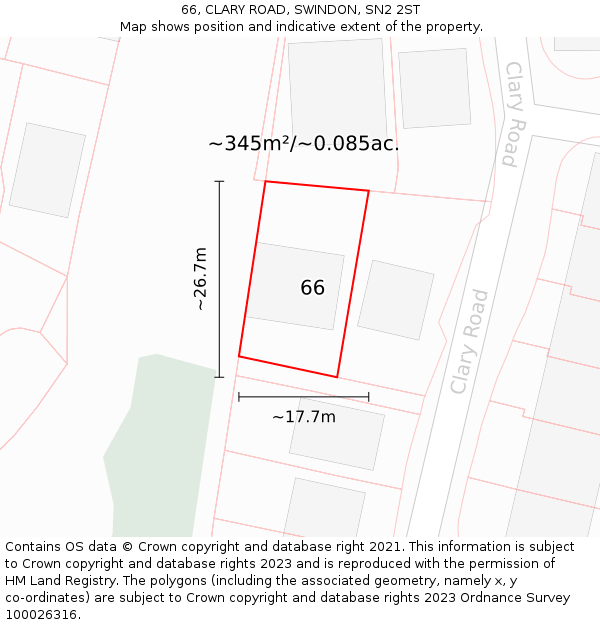 66, CLARY ROAD, SWINDON, SN2 2ST: Plot and title map