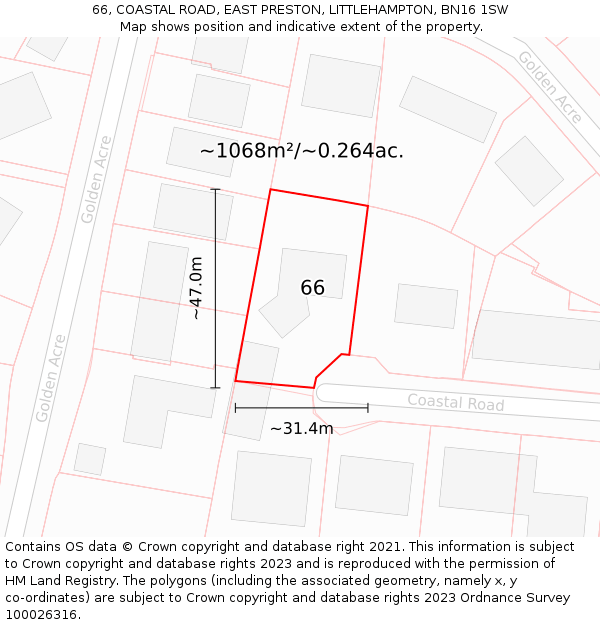 66, COASTAL ROAD, EAST PRESTON, LITTLEHAMPTON, BN16 1SW: Plot and title map