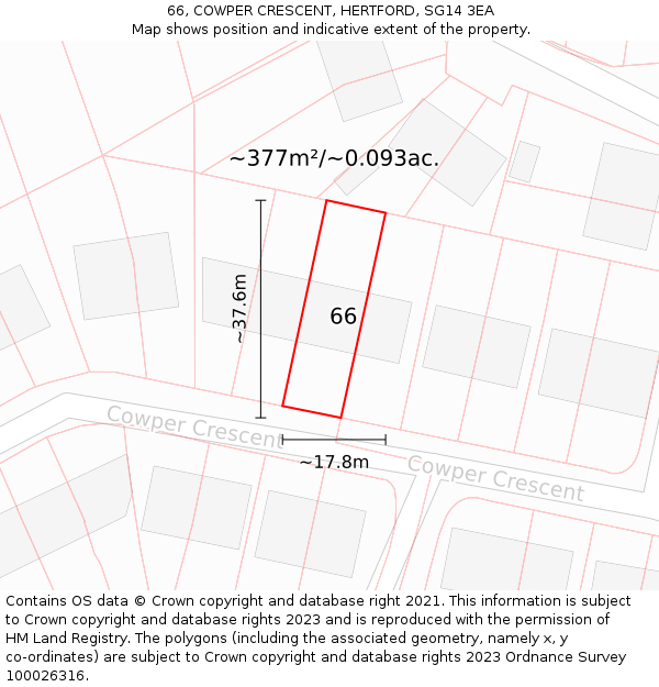 66, COWPER CRESCENT, HERTFORD, SG14 3EA: Plot and title map