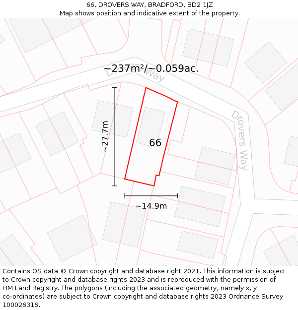 66, DROVERS WAY, BRADFORD, BD2 1JZ: Plot and title map