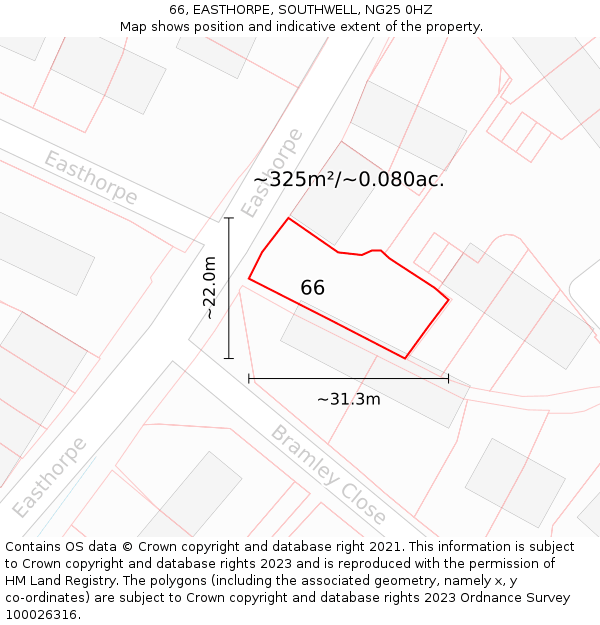 66, EASTHORPE, SOUTHWELL, NG25 0HZ: Plot and title map