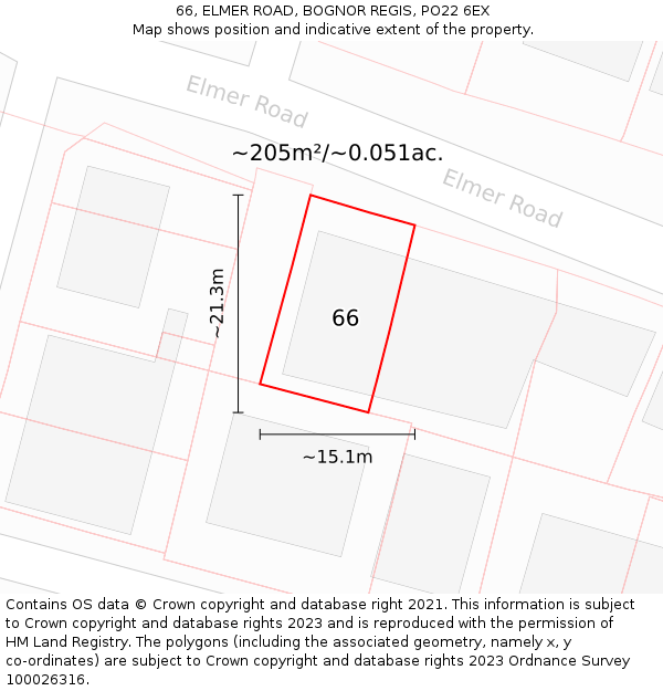 66, ELMER ROAD, BOGNOR REGIS, PO22 6EX: Plot and title map