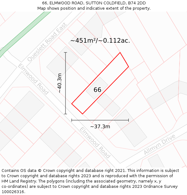 66, ELMWOOD ROAD, SUTTON COLDFIELD, B74 2DD: Plot and title map