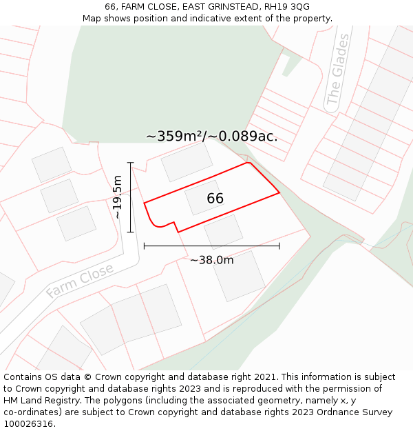 66, FARM CLOSE, EAST GRINSTEAD, RH19 3QG: Plot and title map