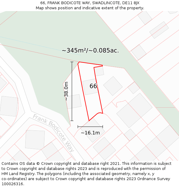 66, FRANK BODICOTE WAY, SWADLINCOTE, DE11 8JX: Plot and title map