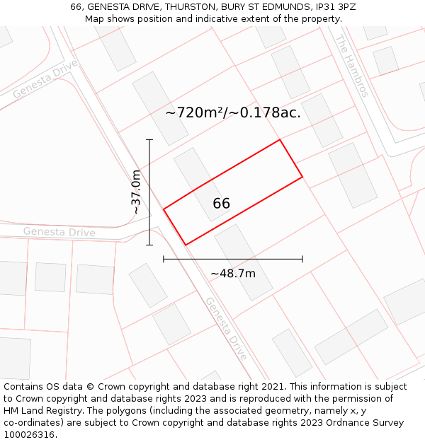 66, GENESTA DRIVE, THURSTON, BURY ST EDMUNDS, IP31 3PZ: Plot and title map