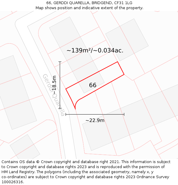 66, GERDDI QUARELLA, BRIDGEND, CF31 1LG: Plot and title map