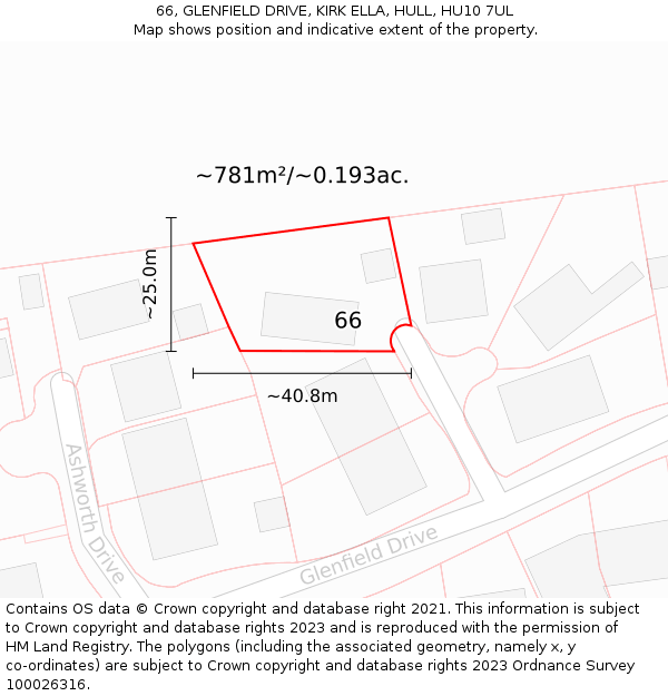 66, GLENFIELD DRIVE, KIRK ELLA, HULL, HU10 7UL: Plot and title map