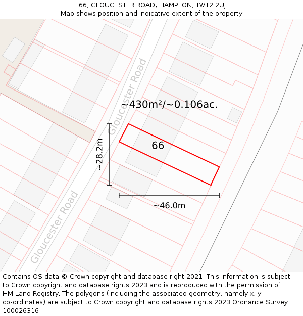 66, GLOUCESTER ROAD, HAMPTON, TW12 2UJ: Plot and title map