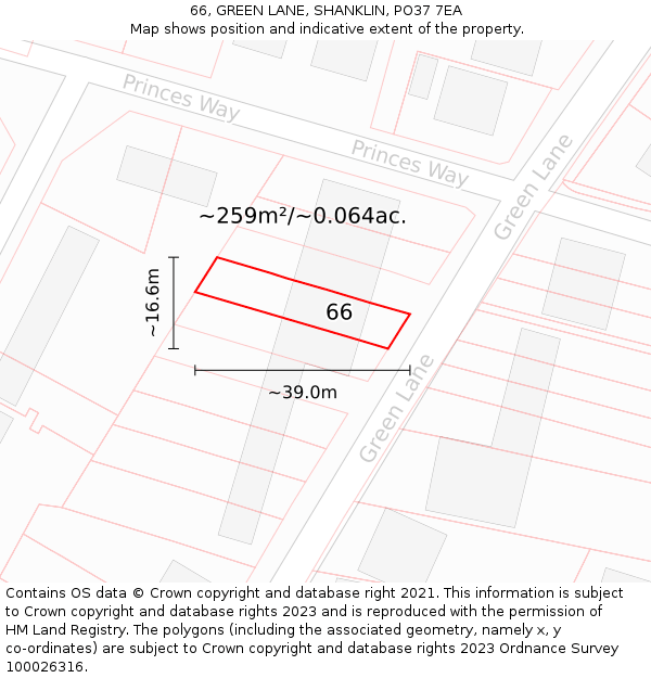 66, GREEN LANE, SHANKLIN, PO37 7EA: Plot and title map