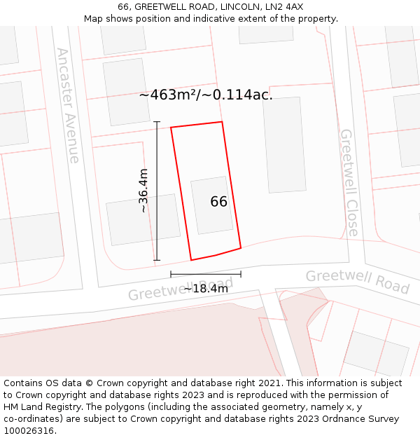66, GREETWELL ROAD, LINCOLN, LN2 4AX: Plot and title map