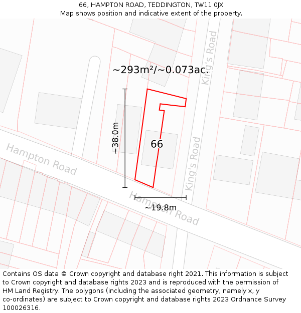 66, HAMPTON ROAD, TEDDINGTON, TW11 0JX: Plot and title map