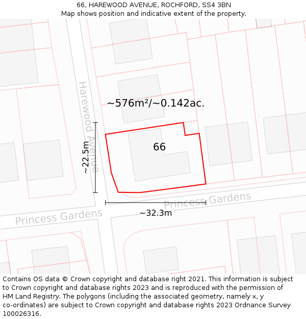 66, HAREWOOD AVENUE, ROCHFORD, SS4 3BN: Plot and title map