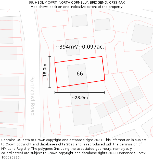 66, HEOL Y CWRT, NORTH CORNELLY, BRIDGEND, CF33 4AX: Plot and title map