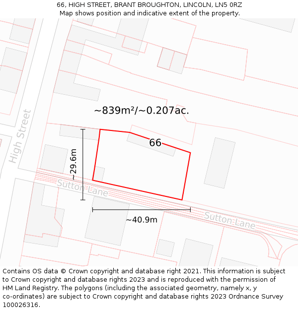 66, HIGH STREET, BRANT BROUGHTON, LINCOLN, LN5 0RZ: Plot and title map