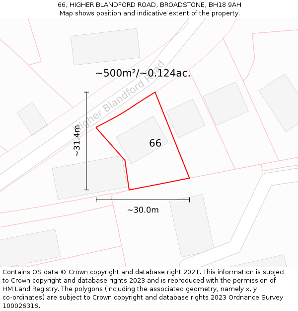 66, HIGHER BLANDFORD ROAD, BROADSTONE, BH18 9AH: Plot and title map