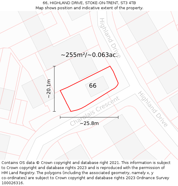 66, HIGHLAND DRIVE, STOKE-ON-TRENT, ST3 4TB: Plot and title map