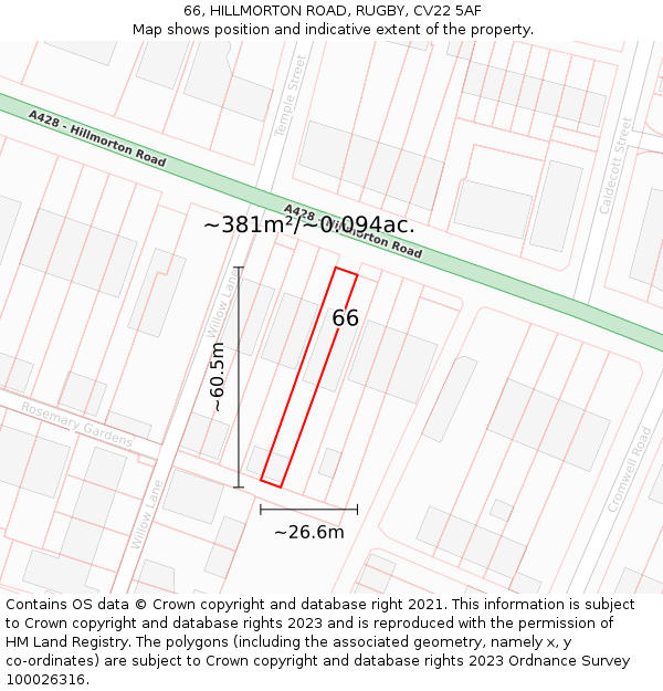66, HILLMORTON ROAD, RUGBY, CV22 5AF: Plot and title map
