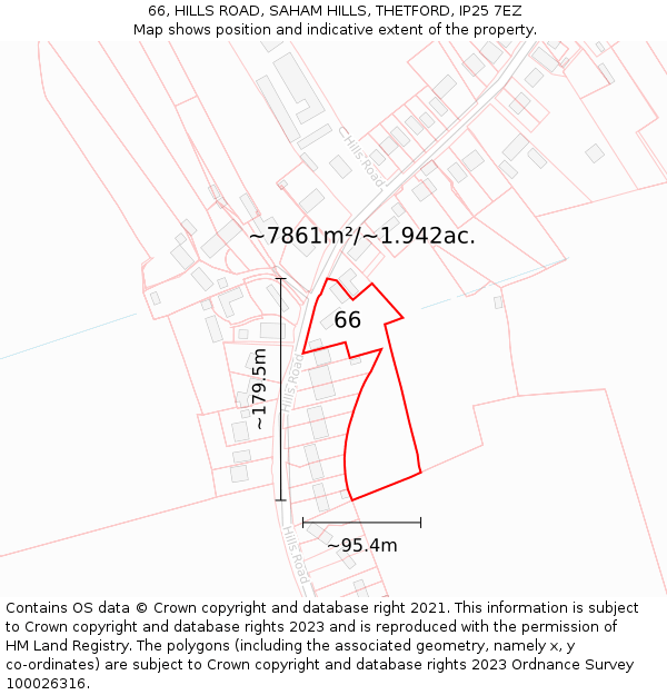 66, HILLS ROAD, SAHAM HILLS, THETFORD, IP25 7EZ: Plot and title map