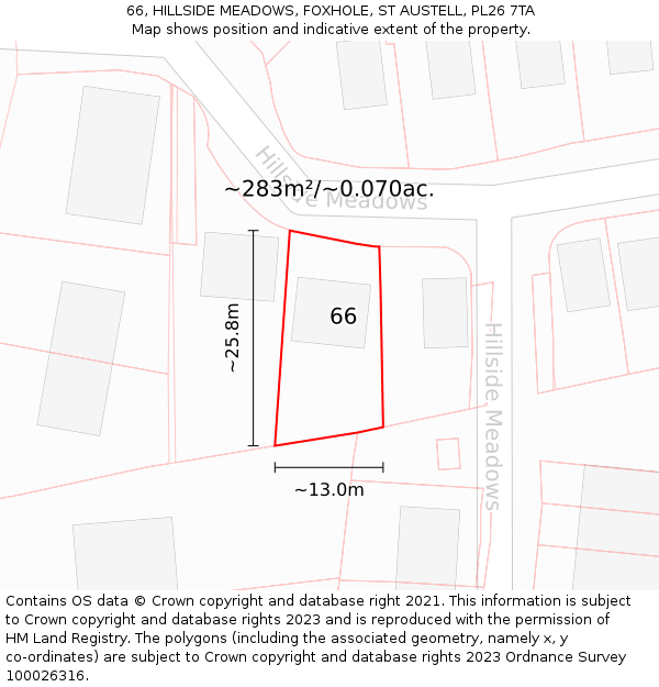 66, HILLSIDE MEADOWS, FOXHOLE, ST AUSTELL, PL26 7TA: Plot and title map