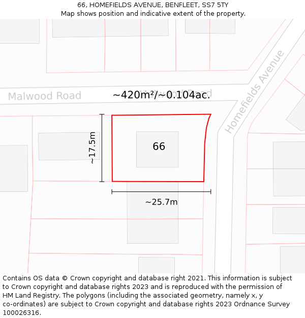 66, HOMEFIELDS AVENUE, BENFLEET, SS7 5TY: Plot and title map