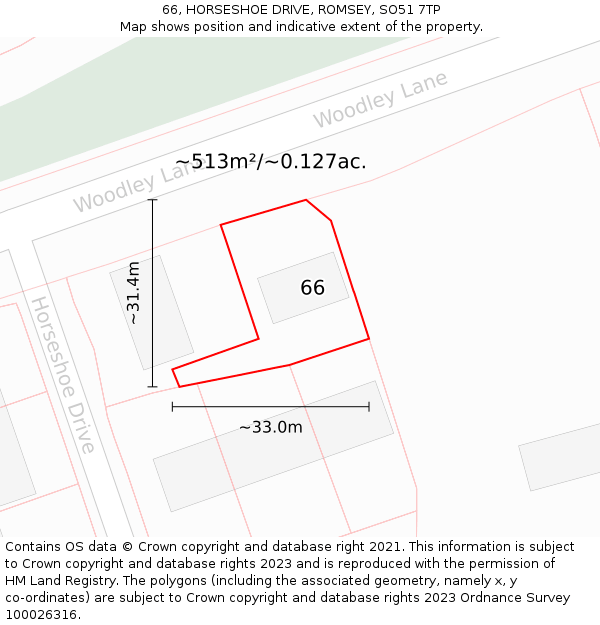 66, HORSESHOE DRIVE, ROMSEY, SO51 7TP: Plot and title map