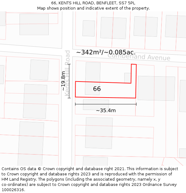 66, KENTS HILL ROAD, BENFLEET, SS7 5PL: Plot and title map