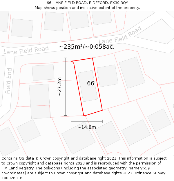 66, LANE FIELD ROAD, BIDEFORD, EX39 3QY: Plot and title map