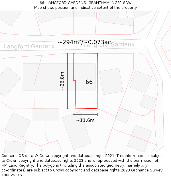 66, LANGFORD GARDENS, GRANTHAM, NG31 8DW: Plot and title map