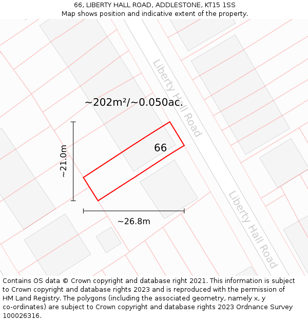 66, LIBERTY HALL ROAD, ADDLESTONE, KT15 1SS: Plot and title map