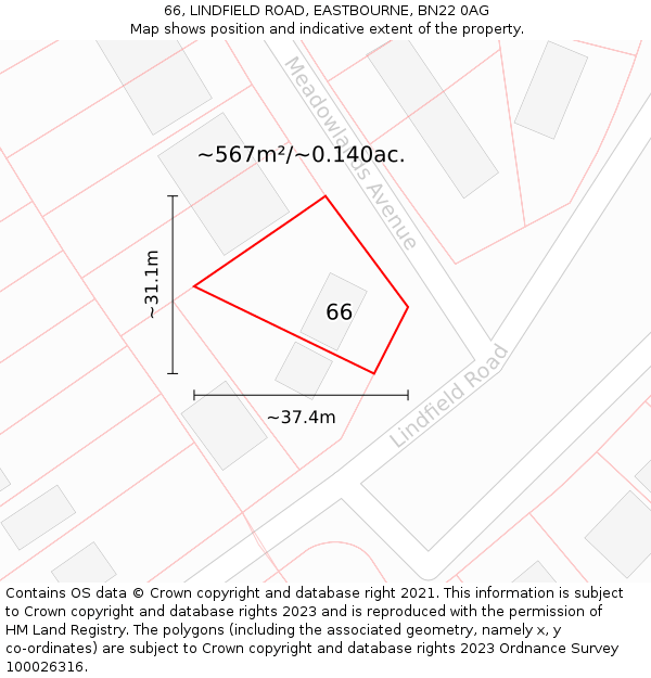 66, LINDFIELD ROAD, EASTBOURNE, BN22 0AG: Plot and title map
