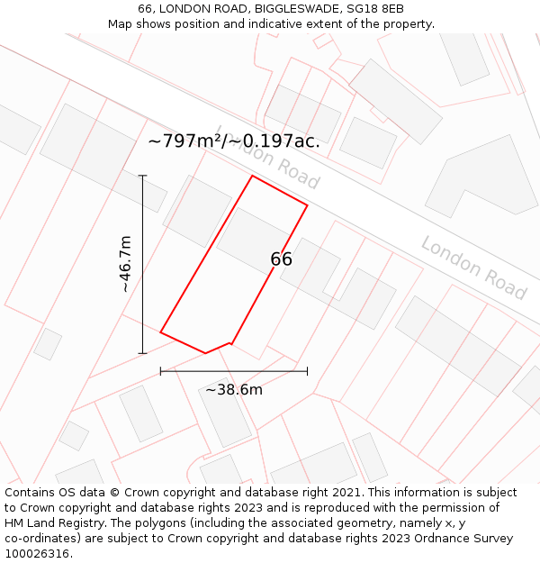 66, LONDON ROAD, BIGGLESWADE, SG18 8EB: Plot and title map