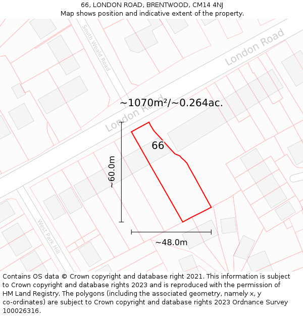 66, LONDON ROAD, BRENTWOOD, CM14 4NJ: Plot and title map