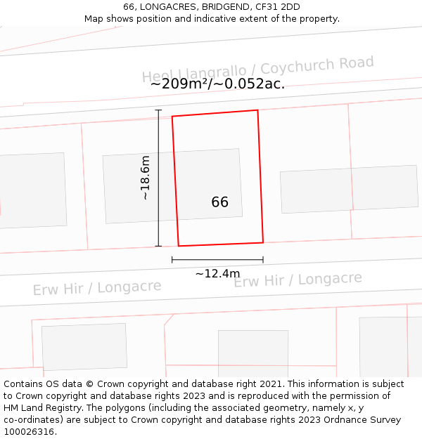 66, LONGACRES, BRIDGEND, CF31 2DD: Plot and title map