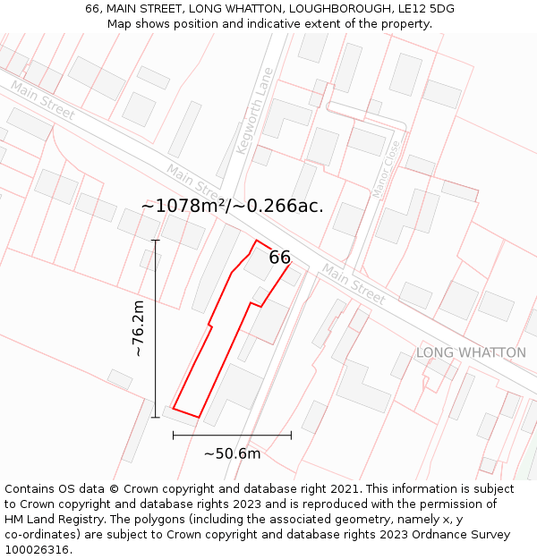 66, MAIN STREET, LONG WHATTON, LOUGHBOROUGH, LE12 5DG: Plot and title map