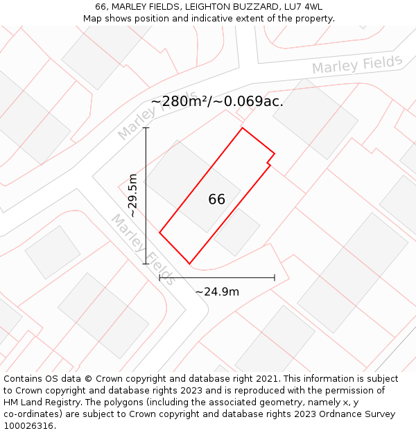 66, MARLEY FIELDS, LEIGHTON BUZZARD, LU7 4WL: Plot and title map