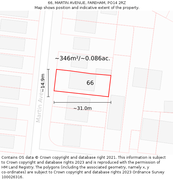 66, MARTIN AVENUE, FAREHAM, PO14 2RZ: Plot and title map