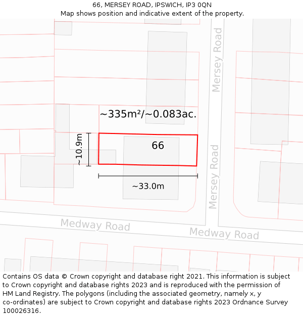 66, MERSEY ROAD, IPSWICH, IP3 0QN: Plot and title map
