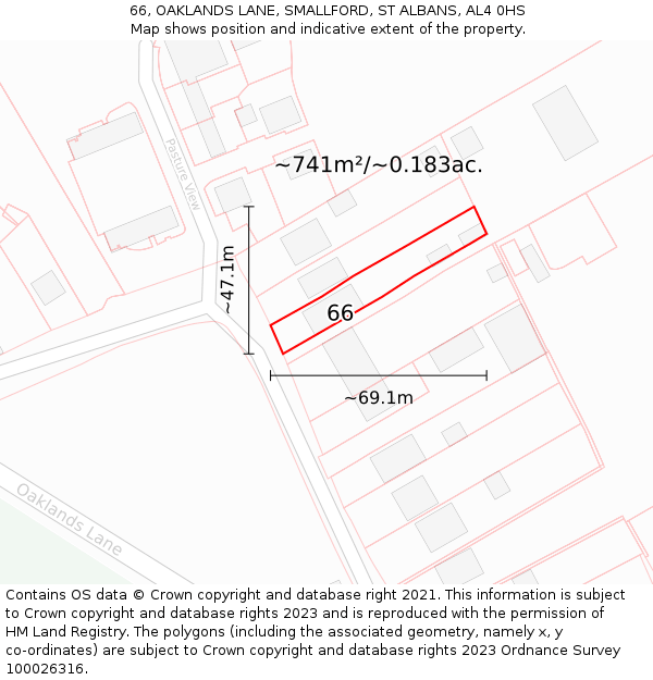 66, OAKLANDS LANE, SMALLFORD, ST ALBANS, AL4 0HS: Plot and title map