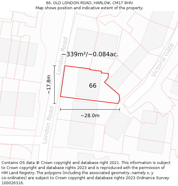 66, OLD LONDON ROAD, HARLOW, CM17 9HN: Plot and title map