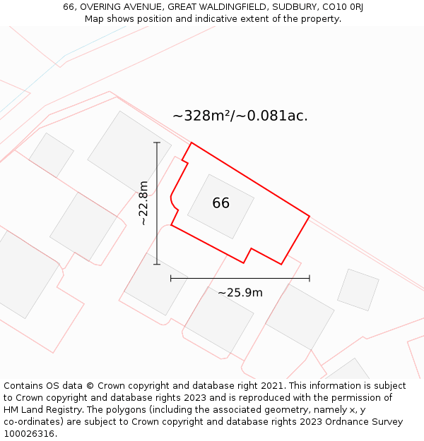 66, OVERING AVENUE, GREAT WALDINGFIELD, SUDBURY, CO10 0RJ: Plot and title map