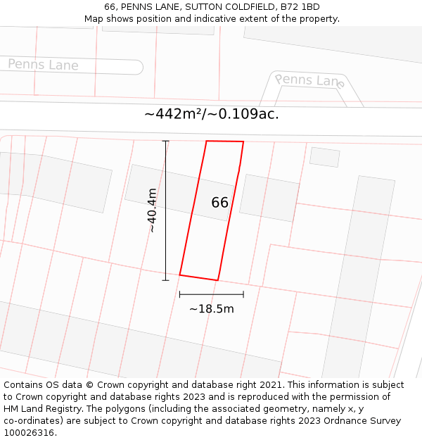 66, PENNS LANE, SUTTON COLDFIELD, B72 1BD: Plot and title map