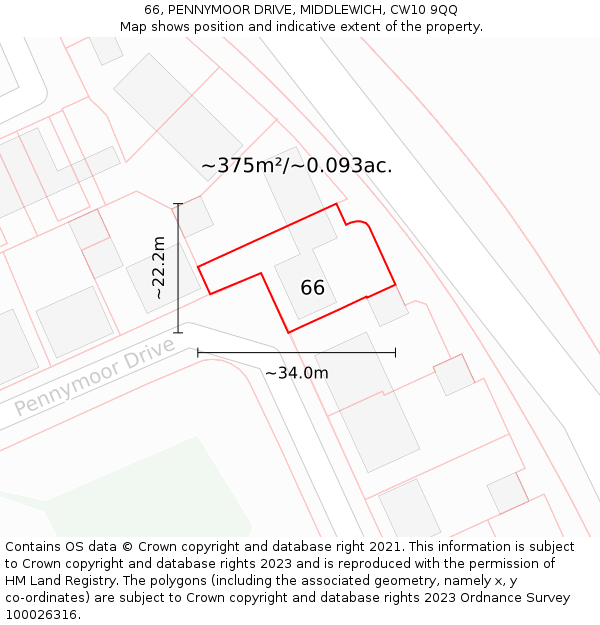 66, PENNYMOOR DRIVE, MIDDLEWICH, CW10 9QQ: Plot and title map