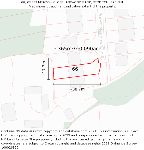 66, PRIEST MEADOW CLOSE, ASTWOOD BANK, REDDITCH, B96 6HT: Plot and title map