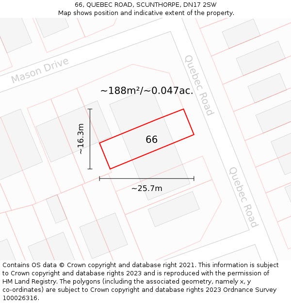 66, QUEBEC ROAD, SCUNTHORPE, DN17 2SW: Plot and title map