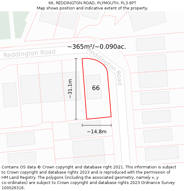 66, REDDINGTON ROAD, PLYMOUTH, PL3 6PT: Plot and title map