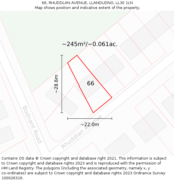 66, RHUDDLAN AVENUE, LLANDUDNO, LL30 1LN: Plot and title map