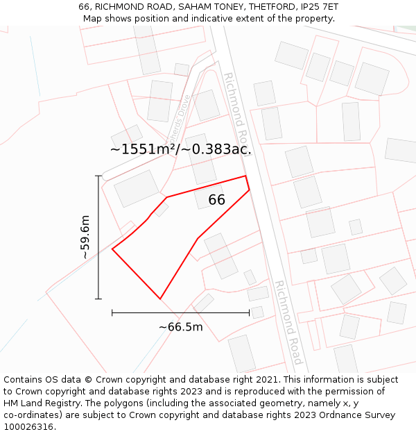 66, RICHMOND ROAD, SAHAM TONEY, THETFORD, IP25 7ET: Plot and title map